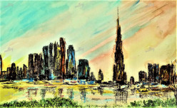 Burj Khalifa and skyline in charcoal and pastels