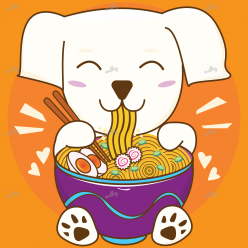 Cute dog eating noodles